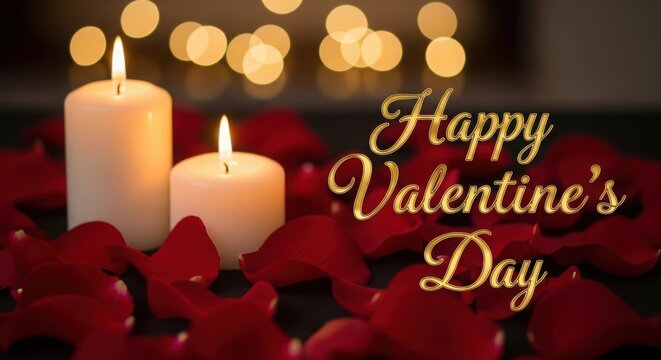 A romantic valentine's day setup with candles and rose petals illustration