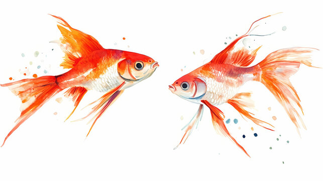 Watercolor Two Swordtail Colorful Swimming Playfully Together