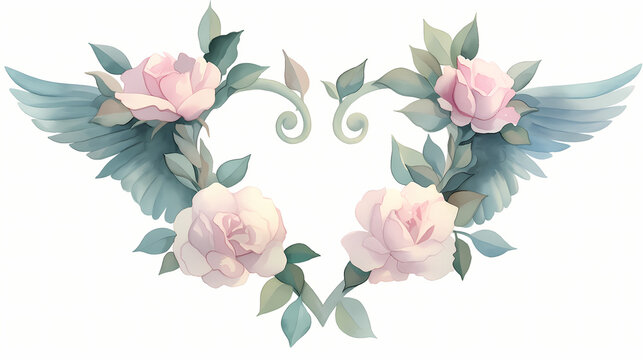Delicate Floral Arrangement with Wings and Romantic Pastel Roses on White Background