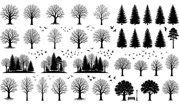 Winter forest tree and bird silhouette vector pack with leafless woodland designs