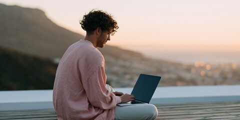Obraz premium Outdoor workspace with a person using a laptop on a terrace at sunset mountain view for coastal background and remote work poster