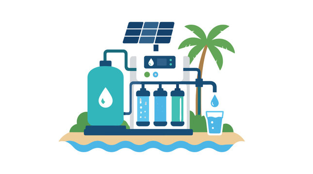 Desalination system on small island with solar panels.