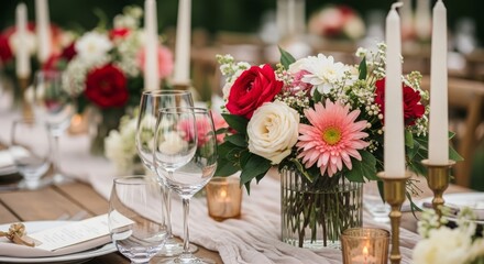 Obraz premium Elegant wedding reception table setting with floral centerpiece and glassware