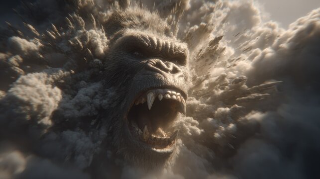 Colossal ape creature roars with intense fury amidst exploding atmospheric elements