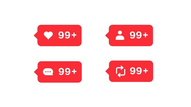 Animated Social Media Notification Icons with 99 Plus Counter. Transparent background, 4K resolution.