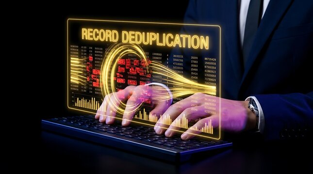 Business professional using futuristic technology for data record deduplication.