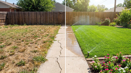 Obraz premium Dry lawn transforming into vibrant green grass with sprinklers, showing a before and after garden restoration