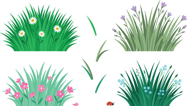 Green grass tufts vector illustration set featuring realistic lawn borders with blooming spring wildflowers daisies pink flowers and a cute ladybug.