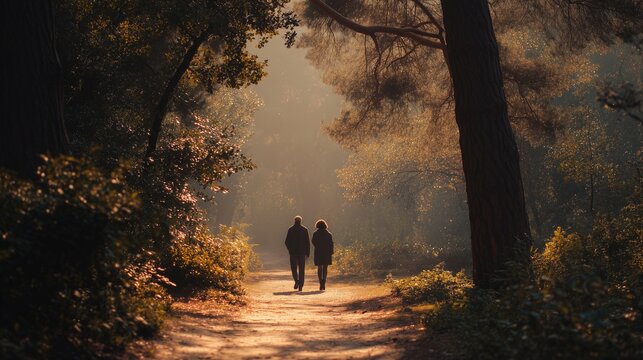 Couple walking hand in hand along forest path at sunset, surrounded by golden light and tall tree, symbolizing marital counseling and reconnection.