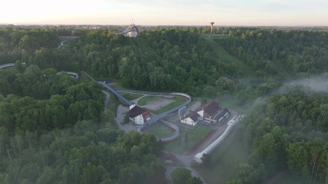Sunrise Over Sigulda Bobsleigh and Luge Track in Gauja National Park. Aerial video.