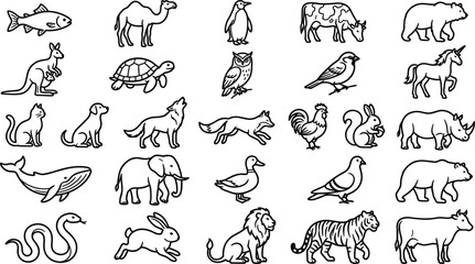 Wild Animals and Farm Livestock Vector Icon Set with Outline Silhouettes of Elephant, Lion, Tiger, and Bear for Nature Conservation and Children Education Graphics © rumi