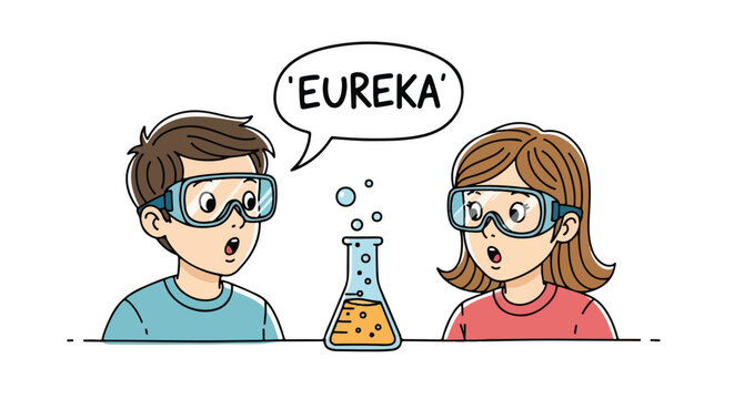 Vector Cartoon Illustration of Boy and Girl in Safety Goggles Discovering Science Experiment with Eureka Speech Bubble