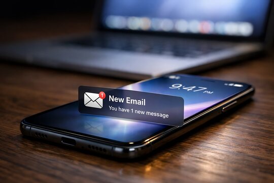 New Email Notification on Smartphone Screen with Laptop in Background