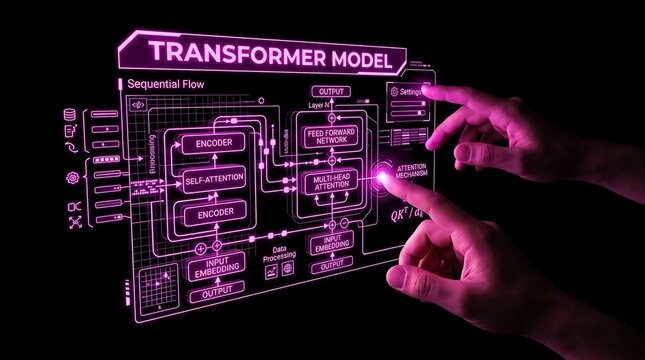 Transformer Model Neural Network Architecture Hologram Interface and Interactive Hands.