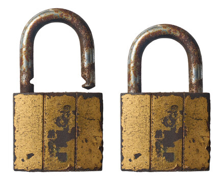 old rusty padlocks isolated white background, open and closed weathered brass security locks