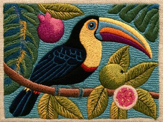 Obraz premium Colorful Toucan Perch on Branch with Tropical Fruit Embroidery Art