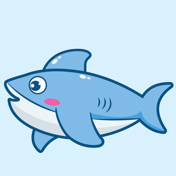 Cute Blue Shark Cartoon Comic sharks emotions. Style character wild fish for Education
