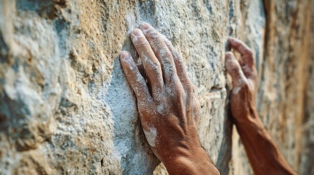 Climber hands covered in white powder grip rough natural stone surface during ascent