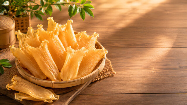 Premium Dried Fish Maw in Bamboo Basket on Wooden Table with Warm Golden Light