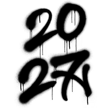 New year 2027 celebration lettering element featuring creative spray paint dripping effect texture for modern urban event poster design isolated on transparent background asset clip art.