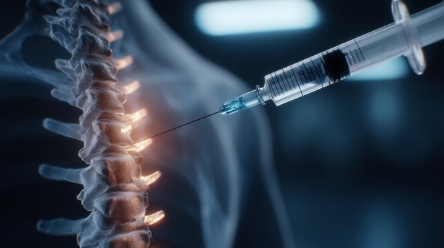 Syringe injecting near highlighted upper thoracic spine to indicate localized upper back pain and targeted spinal injection therapy.