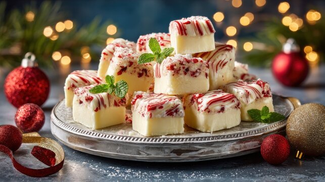Stack of white chocolate peppermint squares served on a silver platter amid holiday decorations