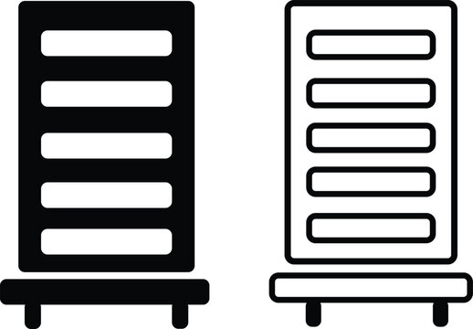 Minimalist server rack icon pack. Database mainframe units. Technology infrastructure layout design. Web hosting computer components.  
