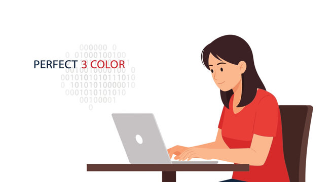 Woman Working on Laptop with Binary Code and "Perfect 3 Color" Text - Digital Art
