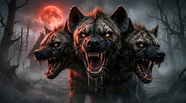 Menacing three-headed monstrous hyena beast with glowing eyes emerges from the dark eerie forest under a blood-red sky, a formidable guardian of shadows
