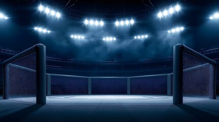 Fototapeta premium Empty mma octagon cage arena with bright spotlights