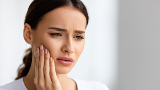 Woman with tooth pain holding cheek, close-up oral health and dental emergency concept, sensitive teeth, gum discomfort, jaw pain, dentist consultation and healthcare treatment, cl