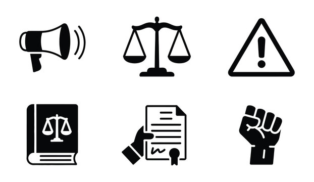 justice and law icon collection, black flat silhouette symbols for legal rights, public awareness and court concepts, scales and legal elements, clean minimal vector design on white background.