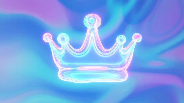 Slow motion gentle zoom of neon crown pulsing and hovering over abstract pastel gradient background with soft luminous glow