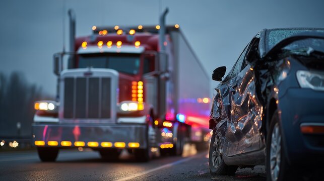 Semi truck and damaged car on wet road at dusk, emergency light, collision scene, truck accident lawyer representation and injury claim assistance.