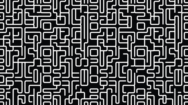 Seamless pattern of interlocking white rectangular lines forming a maze or circuit board style grid on a black background