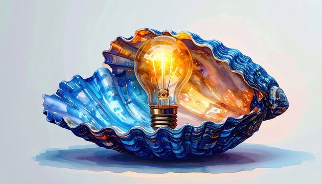 Glowing lightbulb rests inside a vibrant, stylized seashell, with light illuminating