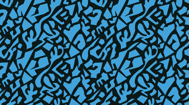 Abstract geometric seamless pattern featuring interlocking blue shapes on a dark background, for textile and, wallpaper print