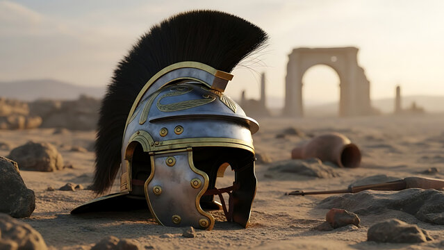 Ancient Roman centurion helmet partially buried in desert sand after an epic battle representing the fall of the Roman Empire and the end of a glorious era of conquest and military power.