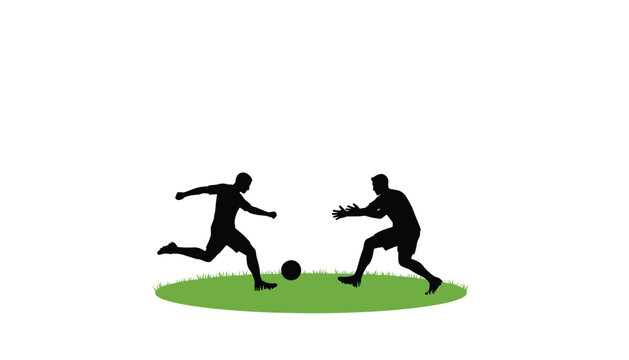 Silhouettes of a kicker and a goalkeeper facing each other on a small circular patch of green grass against a neutral canvas.