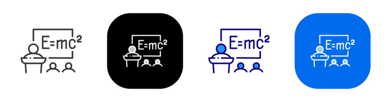Presenter with physics formula board for science lecture and classroom learning. Line, filled, black, color set. Editable stroke