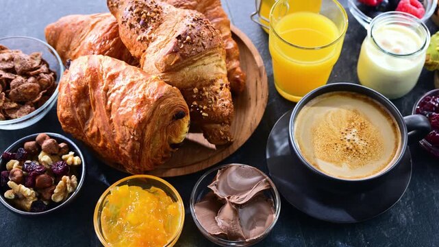 Italian breakfast served with croissants, orange juice, coffee and sweet extrass.
