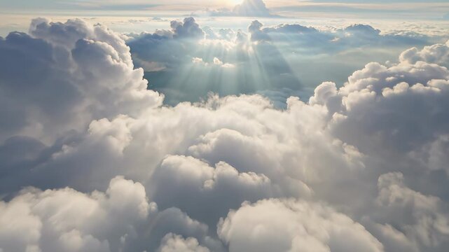 Sunlight rays piercing through fluffy white clouds above mountain range. Aerial view with tilting camera movement.