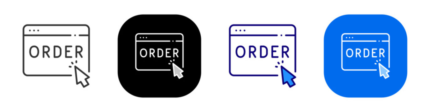 Order button with cursor for online purchase checkout and shopping confirmation. Line, filled, black, color set. Editable stroke