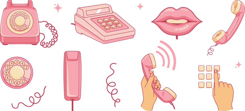 Retro Pink Telephone Vector Icon Set with Vintage Rotary Phone, Push Button Landline, Lips Shape, Cord, and Hand Dialing Gestures for Y2K Aesthetic and Nostalgic Graphic Designs