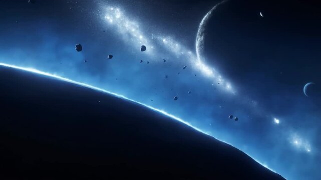 Tracking shot of asteroid field drifting past illuminated planetary limb with glowing nebula and distant moons in deep outer space