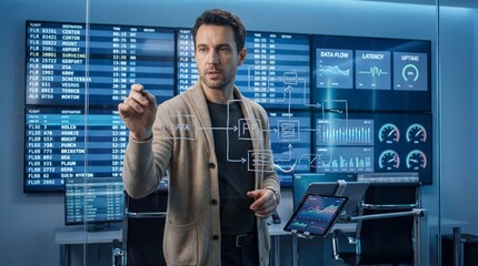 Fototapeta premium Male Software Engineer Interacting with Futuristic Holographic Interface and Big Data Visualization in High Tech Office
