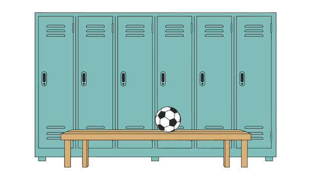 A black and white ball resting on a wooden bench in front of a row of teal metal storage cabinets inside a dressing room for team preparation and changing facilities.