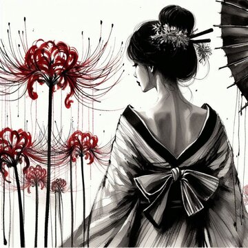 彼岸花と和装女性の和モダンアート