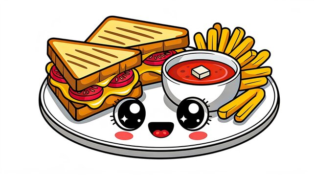 Cute cartoon sandwich meal with french fries and ketchup on plate illustrating fast food and happy dining concept