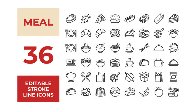 Meal icon set. Editable line icons. Vector illustration.
